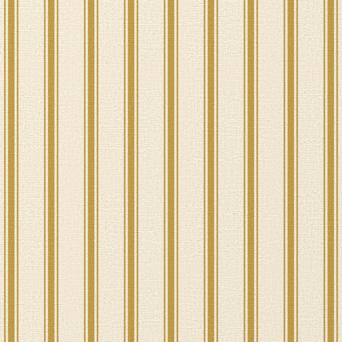 Close-up of the Ticking Stripe Christmas table runner print in gold on ivory cotton, showing fine ticking stripes