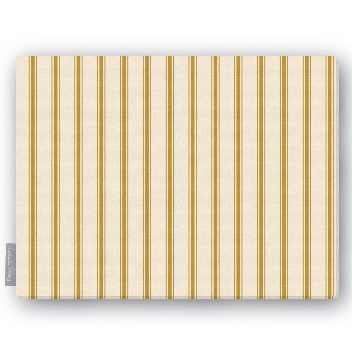 Ticking Stripe Christmas tablecloth in gold on ivory, folded on white, showing fine ticking stripes