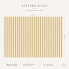 Pattern scale of the Ticking Stripe Christmas tablecloth in gold on ivory across its 144 cm width, with care notes