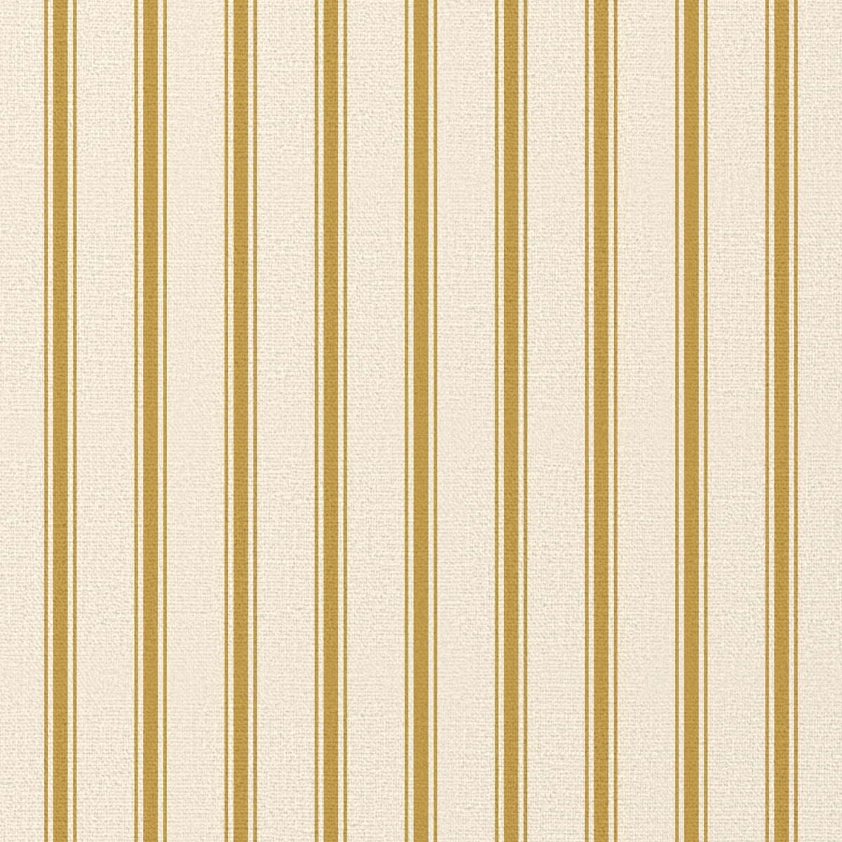 Close-up of the Ticking Stripe Christmas tablecloth print in gold on ivory cotton, showing fine ticking stripes