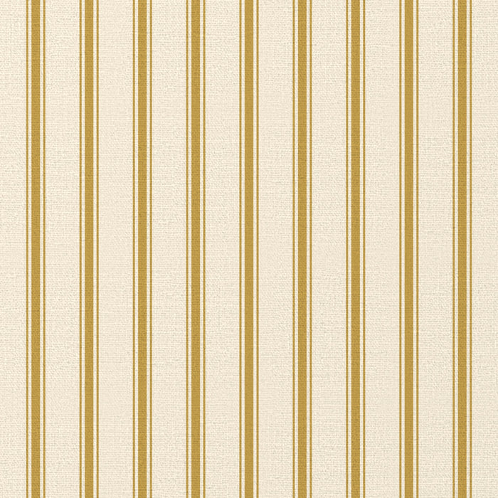 Close-up of the Ticking Stripe Christmas tablecloth print in gold on ivory cotton, showing fine ticking stripes