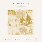 Gold on ivory Village Toile Christmas napkin pattern scale, showing the full 44 cm by 44 cm design.
