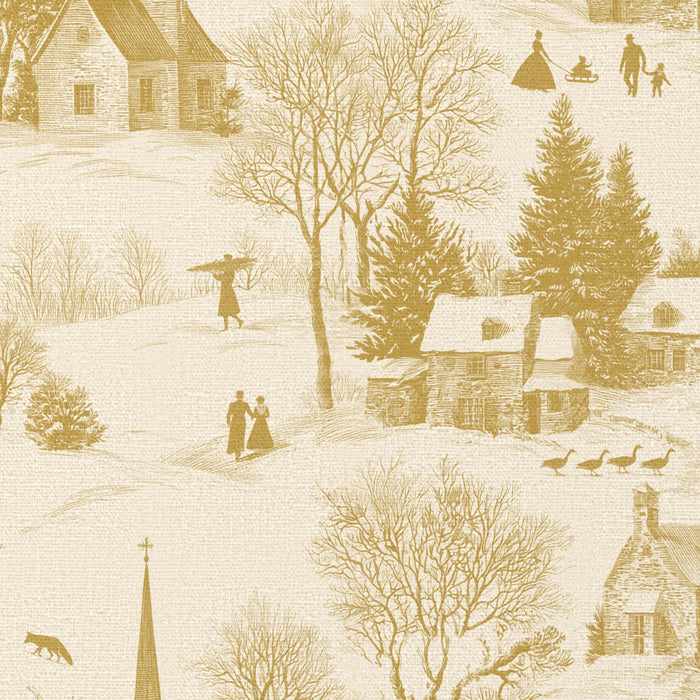 Close-up of the Village Toile Christmas napkin print in gold on ivory cotton, showing a snowy village