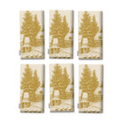 Village Toile Christmas napkins in gold on ivory, set of six, folded on white, showing the same fir tree and snowy cottage