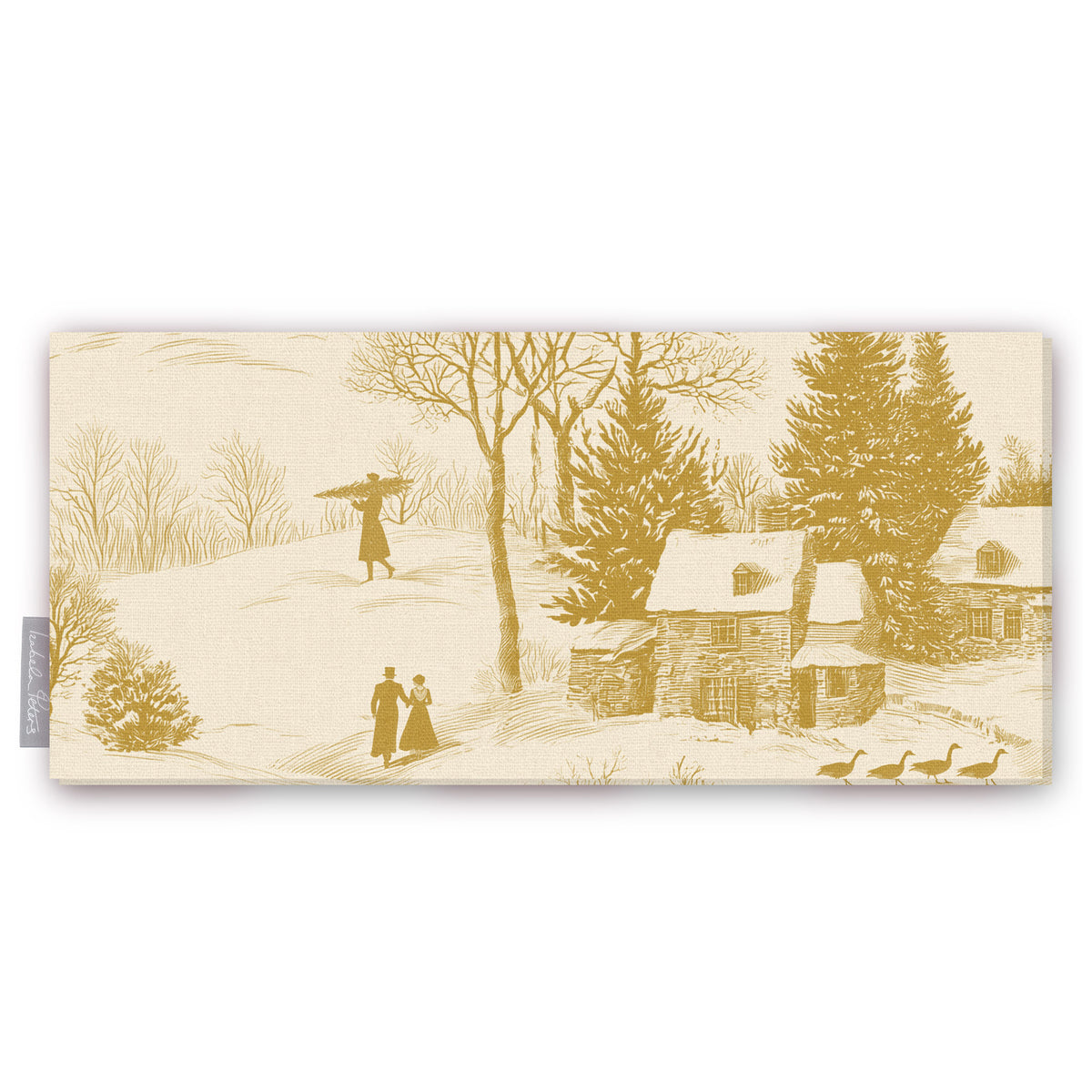 Village Toile Christmas table runner in gold on ivory, folded on white, showing villagers and cottages in the snow