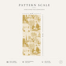 Pattern scale of the Village Toile Christmas table runner in gold on ivory across its 44 cm width, with care notes