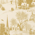 Close-up of the Village Toile Christmas table runner print in gold on ivory cotton, showing a snowy village
