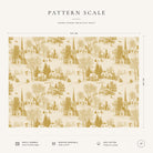 Pattern scale of the Village Toile Christmas tablecloth in gold on ivory across its 144 cm width, with care notes