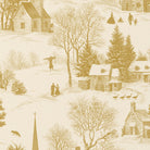 Close-up of the Village Toile Christmas tablecloth print in gold on ivory cotton, showing a snowy village