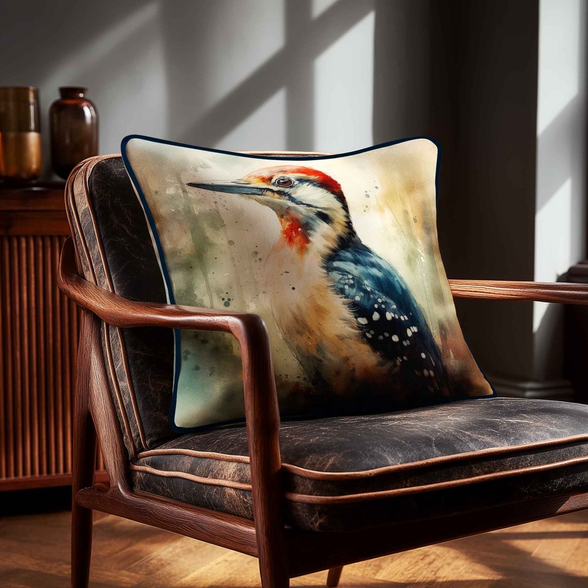 Great Spotted Woodpecker | Sustainable Velvet Cushion - 40 x 40 cm Piped by Izabela Peters
