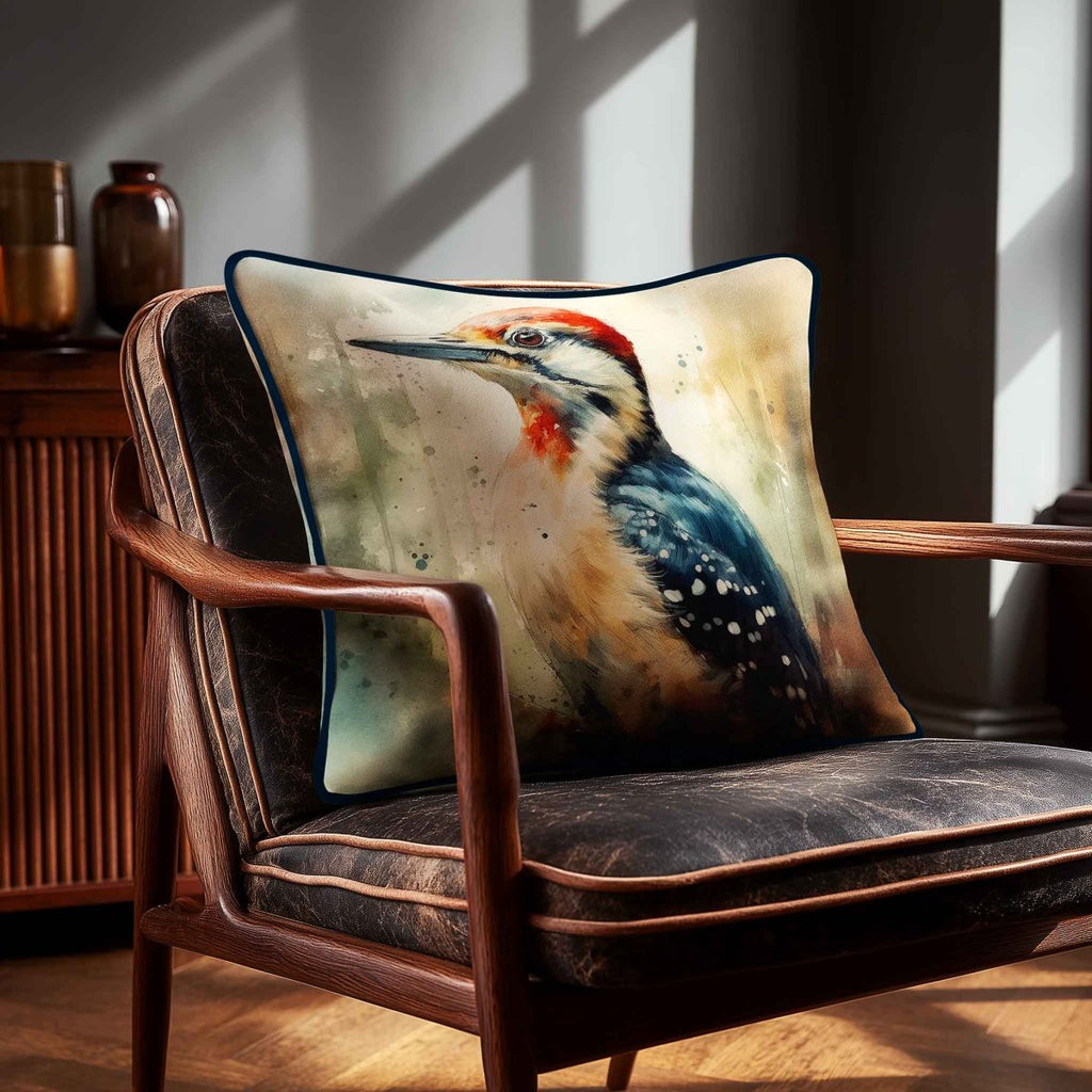 Great Spotted Woodpecker | Sustainable Velvet Cushion - 40 x 40 cm Piped by Izabela Peters