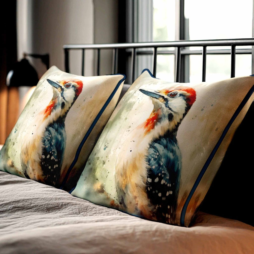 Great Spotted Woodpecker | Sustainable Velvet Cushion - 40 x 40 cm Standard by Izabela Peters