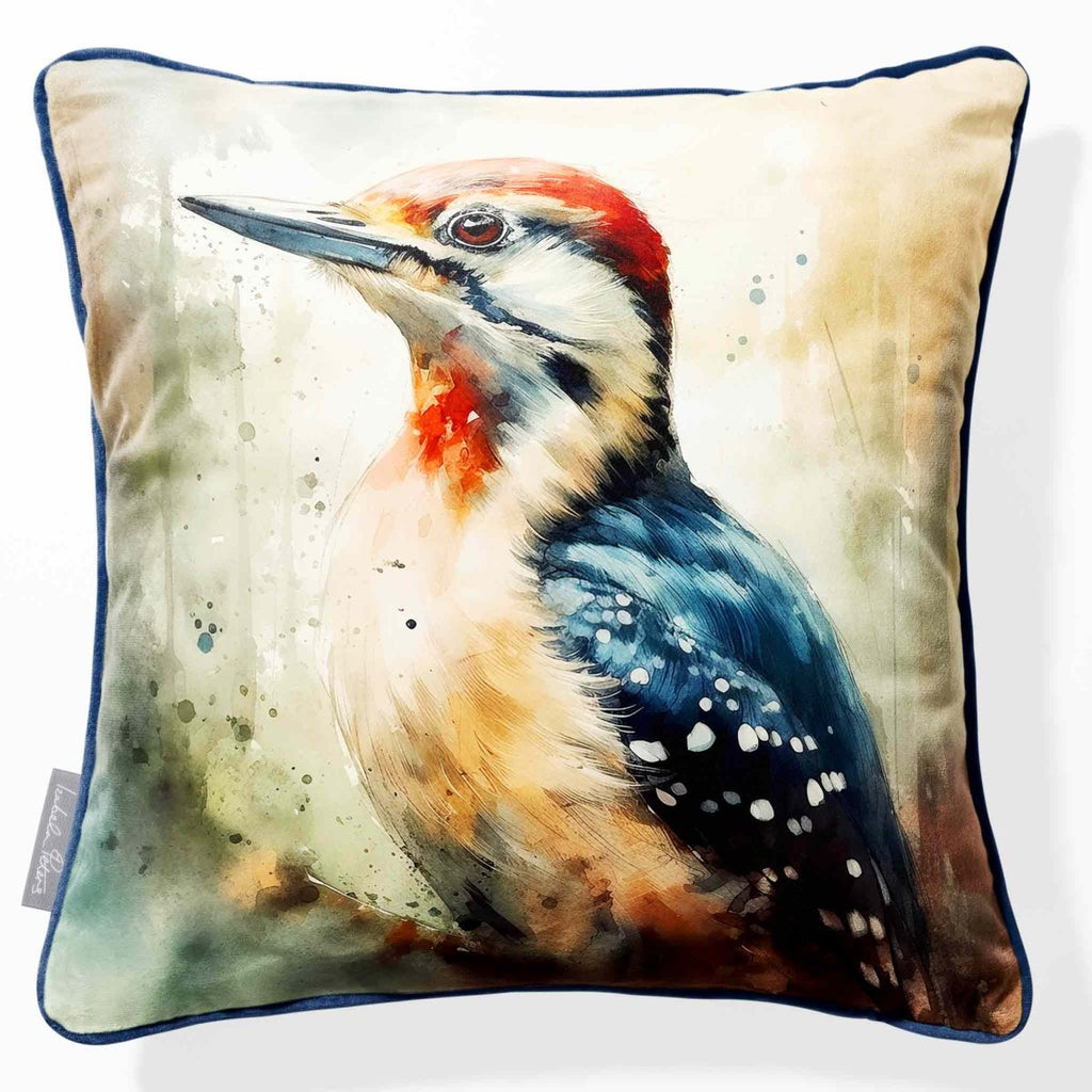 Great Spotted Woodpecker | Sustainable Velvet Cushion - 40 x 40 cm Piped by Izabela Peters