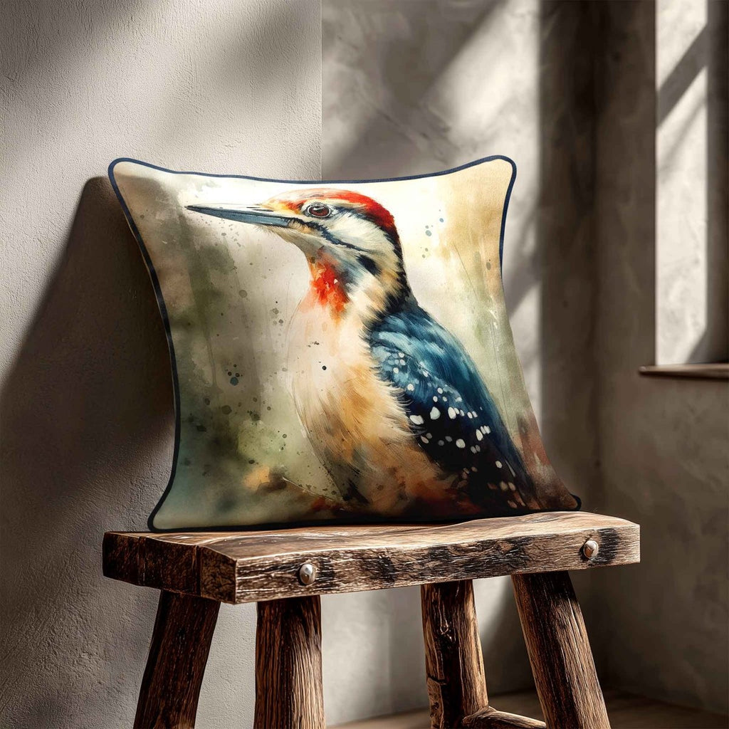 Great Spotted Woodpecker | Sustainable Velvet Cushion - 40 x 40 cm Piped by Izabela Peters