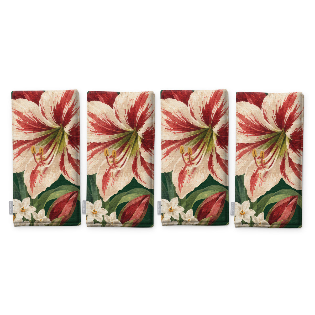Green Amaryllis Christmas napkins, set of four, folded on white, showing the same amaryllis flower