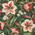 Close-up of the green Amaryllis Christmas tablecloth print on cotton, showing amaryllis flowers among long leaves