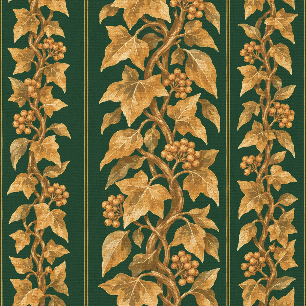 Close-up of the Gilded Ivy Christmas napkin print in green and gold on cotton, showing trails of gold ivy and berries
