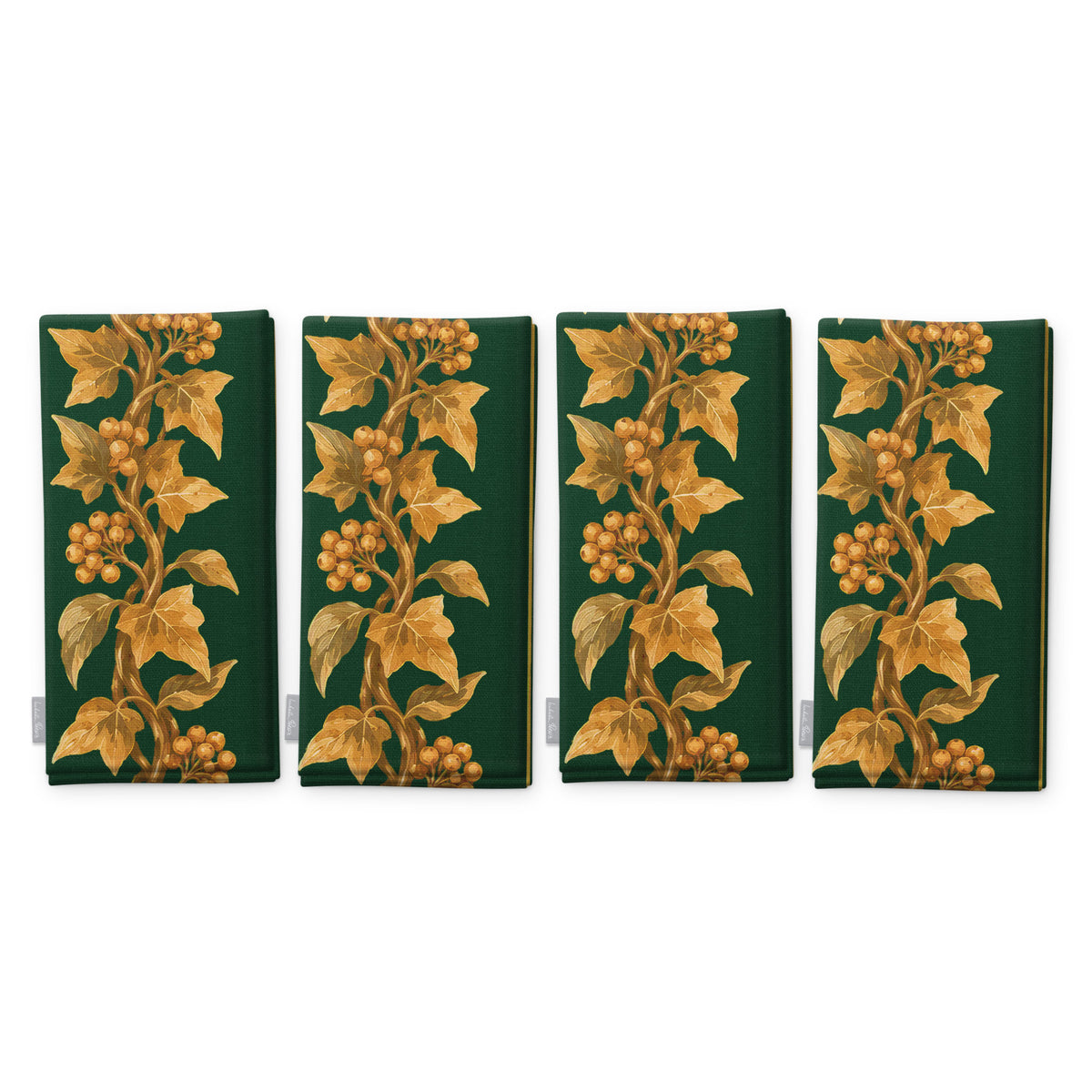 Gilded Ivy Christmas napkins in green and gold, set of four folded napkins showing the same trail of gold ivy and berries
