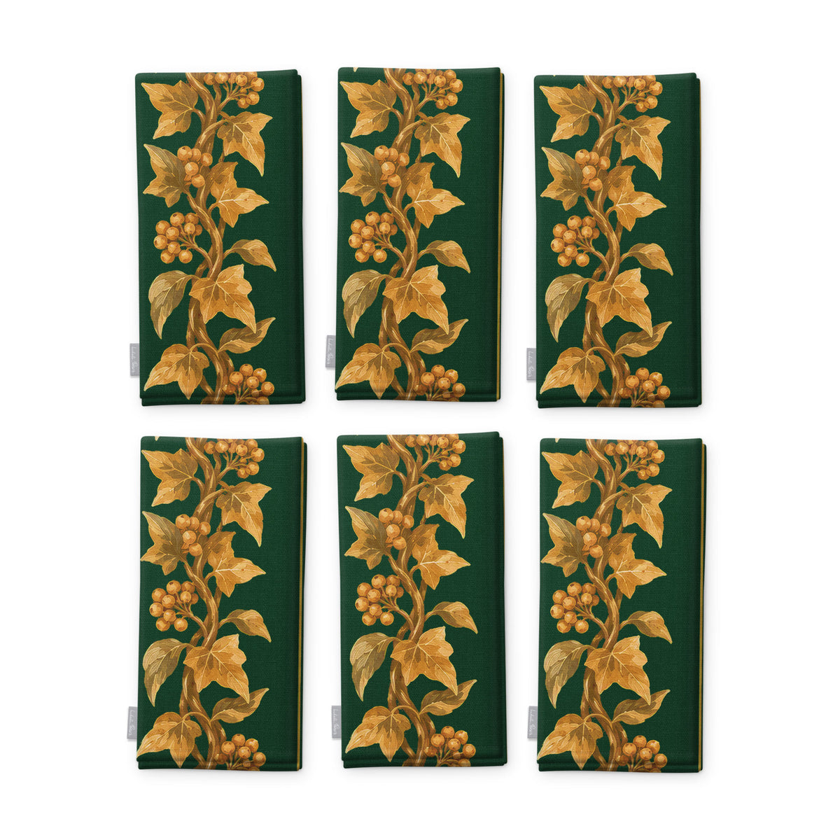 Gilded Ivy Christmas napkins in green and gold, set of six folded napkins showing the same trail of gold ivy and berries