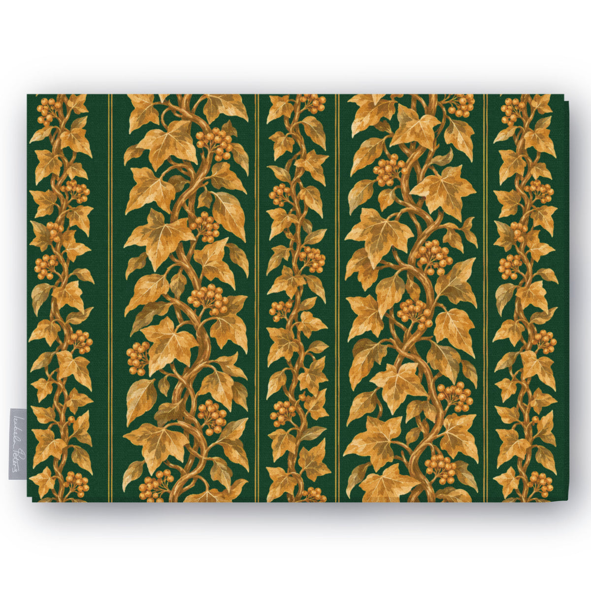 Gilded Ivy Christmas tablecloth in green and gold, folded on white, showing trails of gold ivy and berries