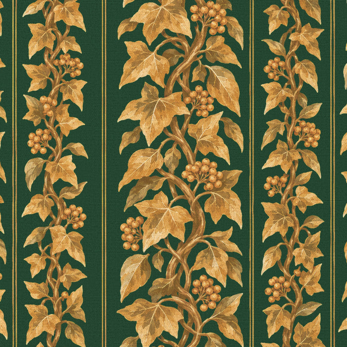 Close-up of the Gilded Ivy Christmas tablecloth print in green and gold on cotton, showing trails of gold ivy and berries