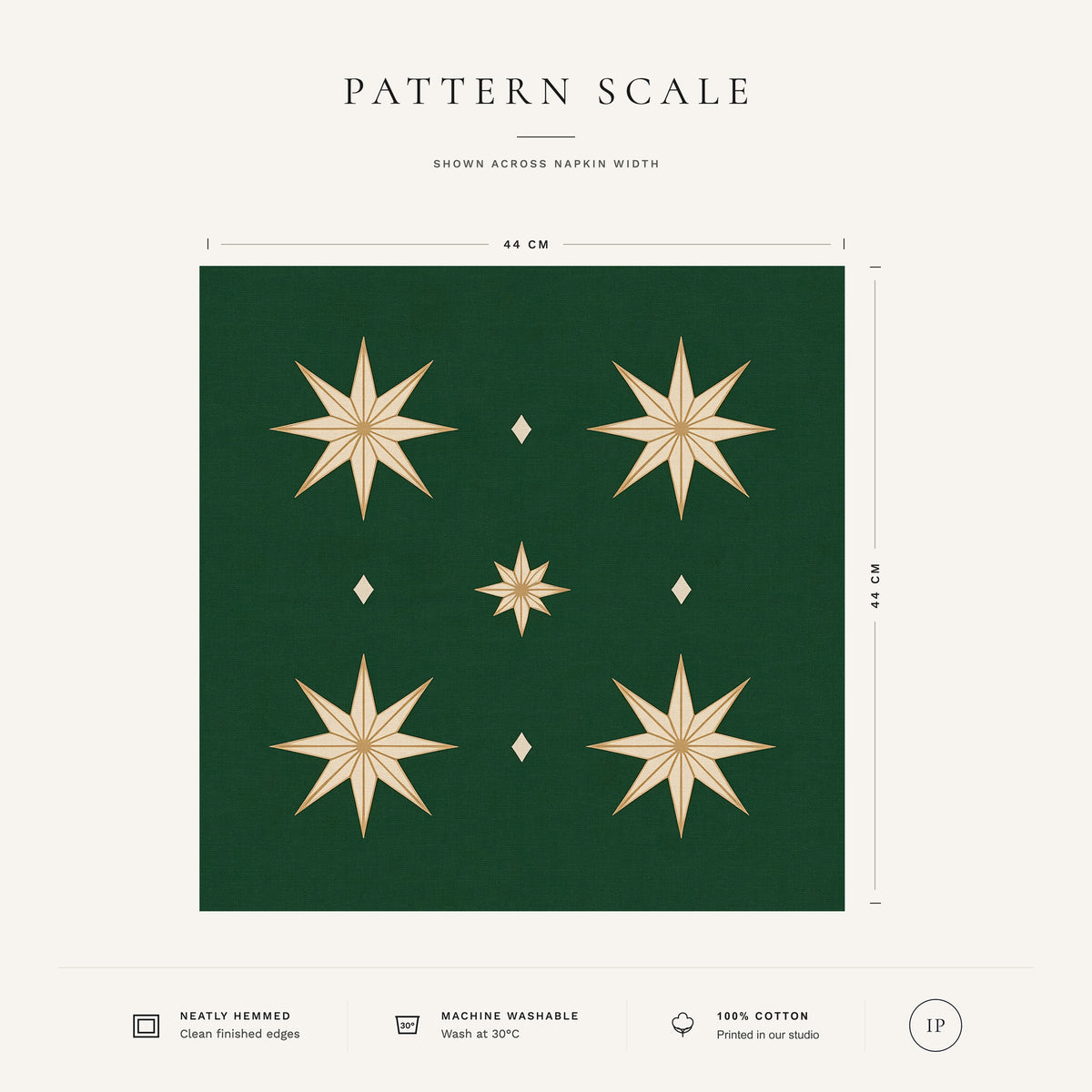 Green and gold Stars Christmas napkin pattern scale, showing the full 44 cm by 44 cm design.