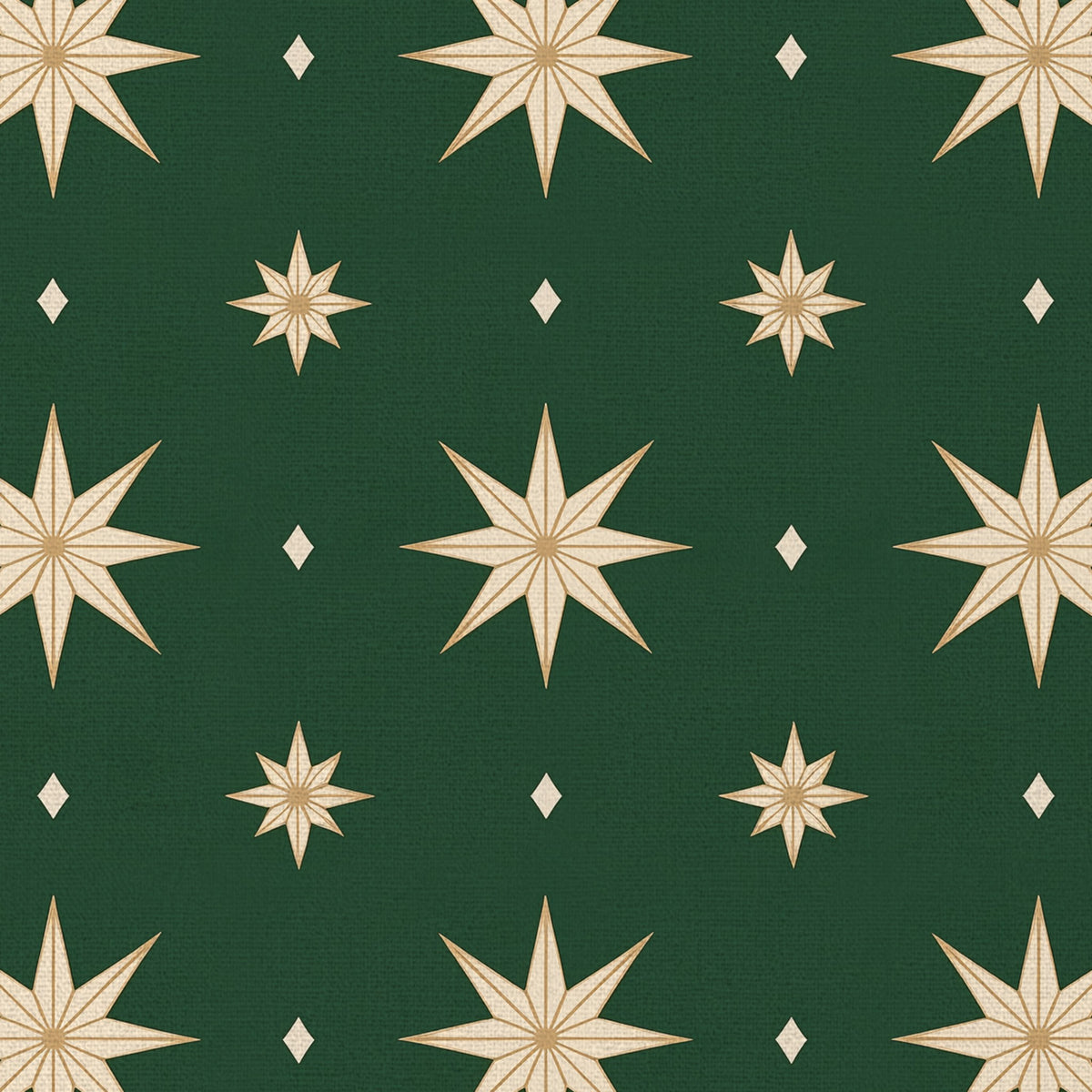 Close-up of the Stars Christmas tablecloth print in green and gold on cotton, showing gold eight-pointed stars