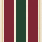Close-up of the Signature Stripe Christmas napkin print in green, burgundy and gold on cotton, showing broad stripes