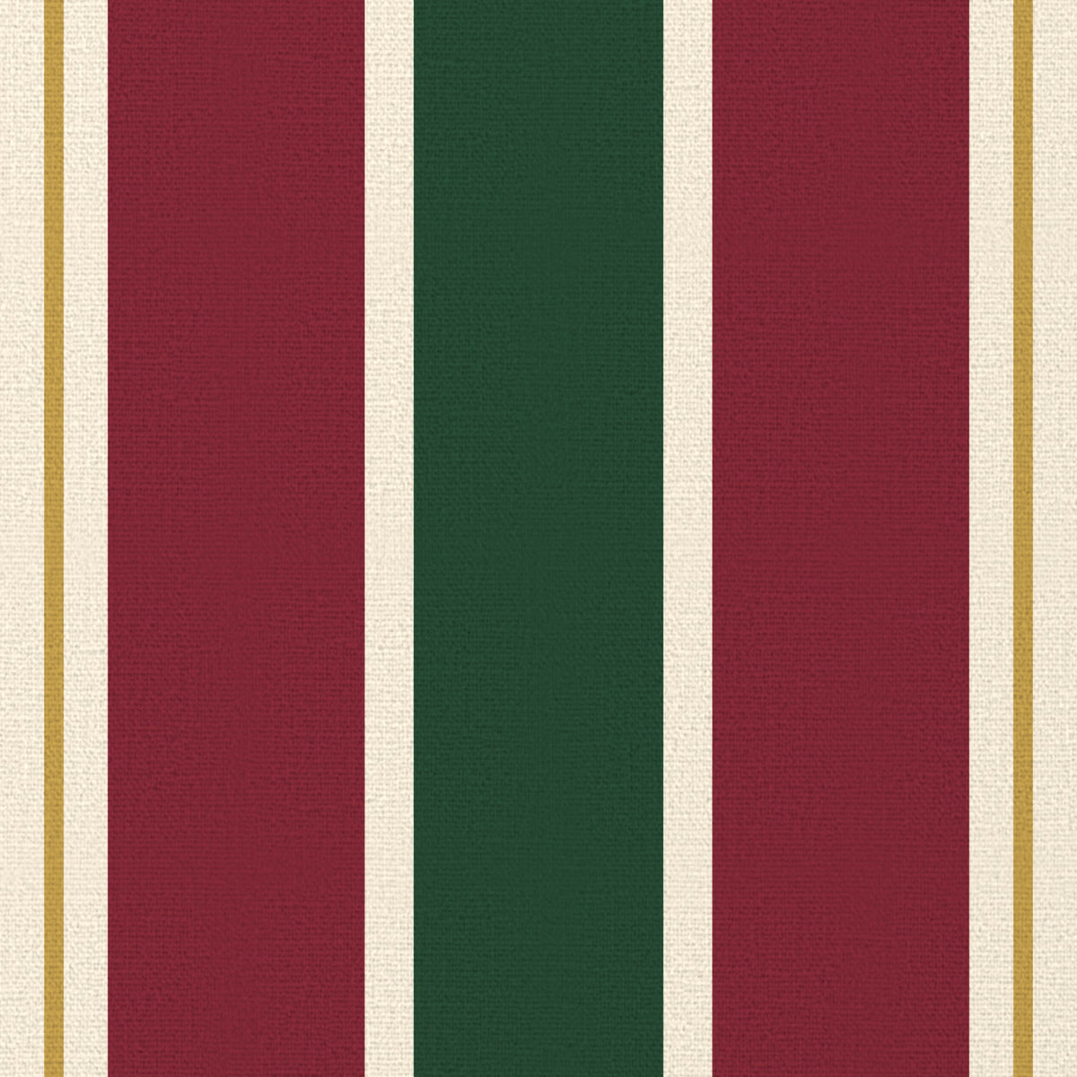 Close-up of the Signature Stripe Christmas napkin print in green, burgundy and gold on cotton, showing broad stripes