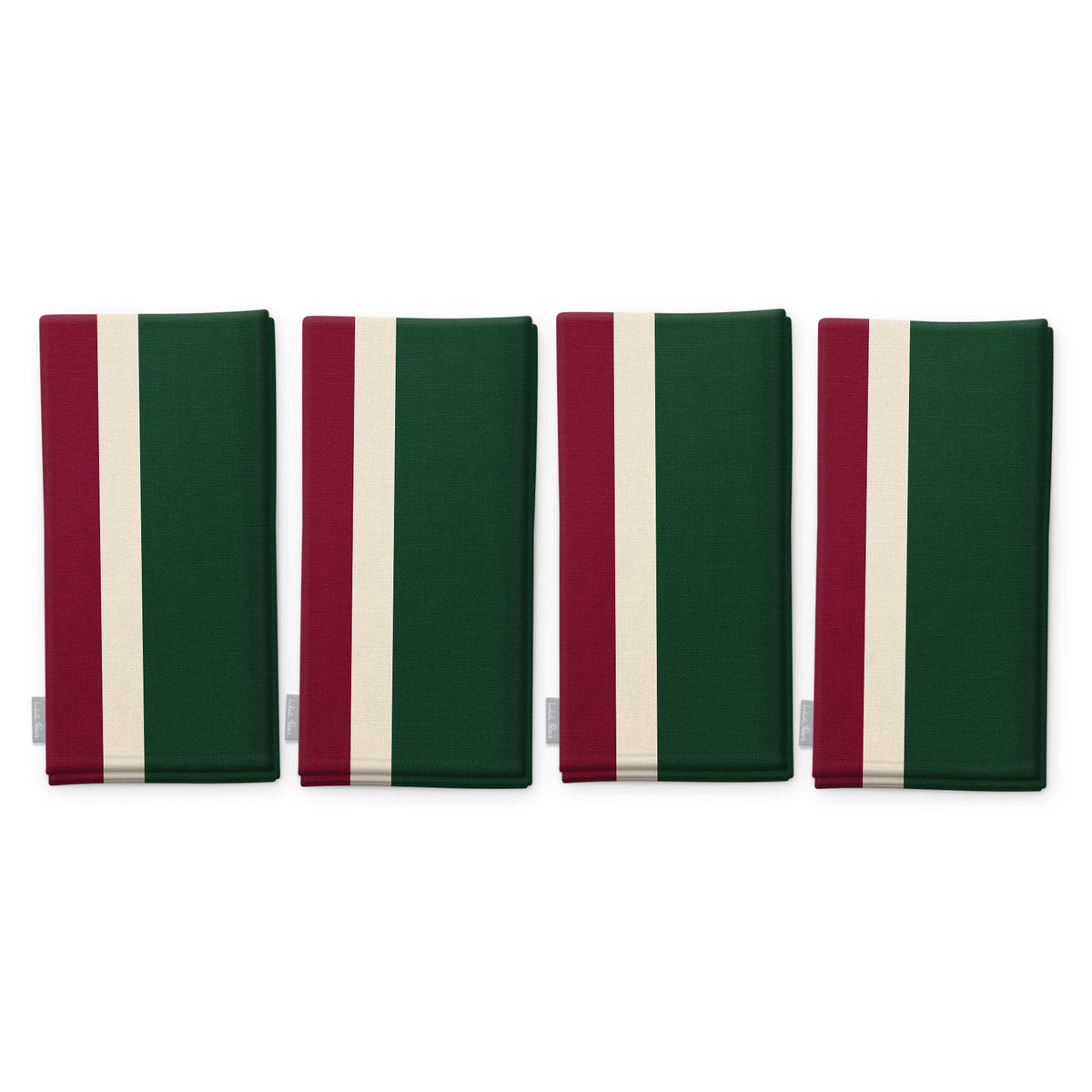 Signature Stripe Christmas napkins in green, burgundy and gold, set of four, folded on white, showing the same broad stripes