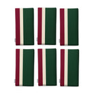 Signature Stripe Christmas napkins in green, burgundy and gold, set of six, folded on white, showing the same broad stripes