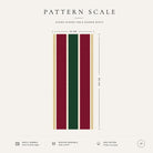 Pattern scale of the Signature Stripe table runner in green, burgundy and gold across its 44 cm width, with care notes