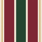 Close-up of the Signature Stripe Christmas table runner print in green, burgundy and gold on cotton, showing broad stripes