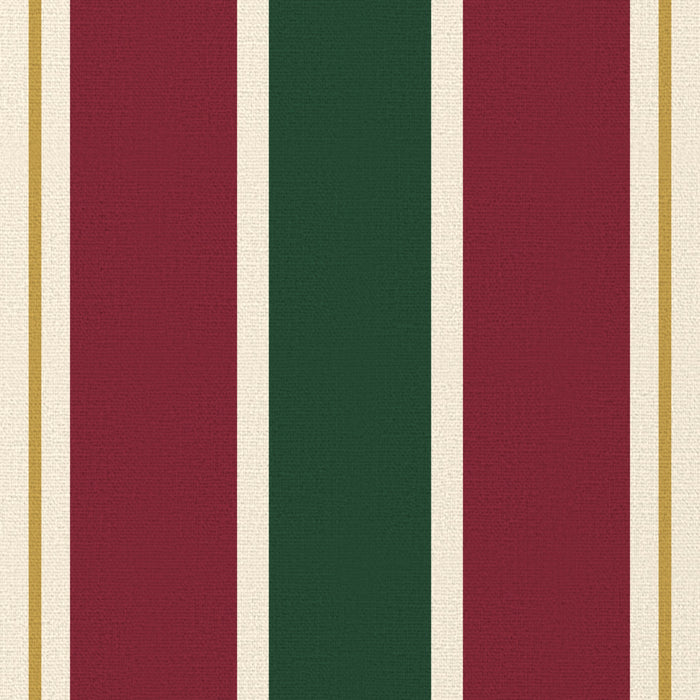 Close-up of the Signature Stripe Christmas table runner print in green, burgundy and gold on cotton, showing broad stripes