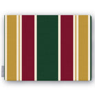 Signature Stripe Christmas tablecloth in green, burgundy and gold, folded on white, showing broad stripes
