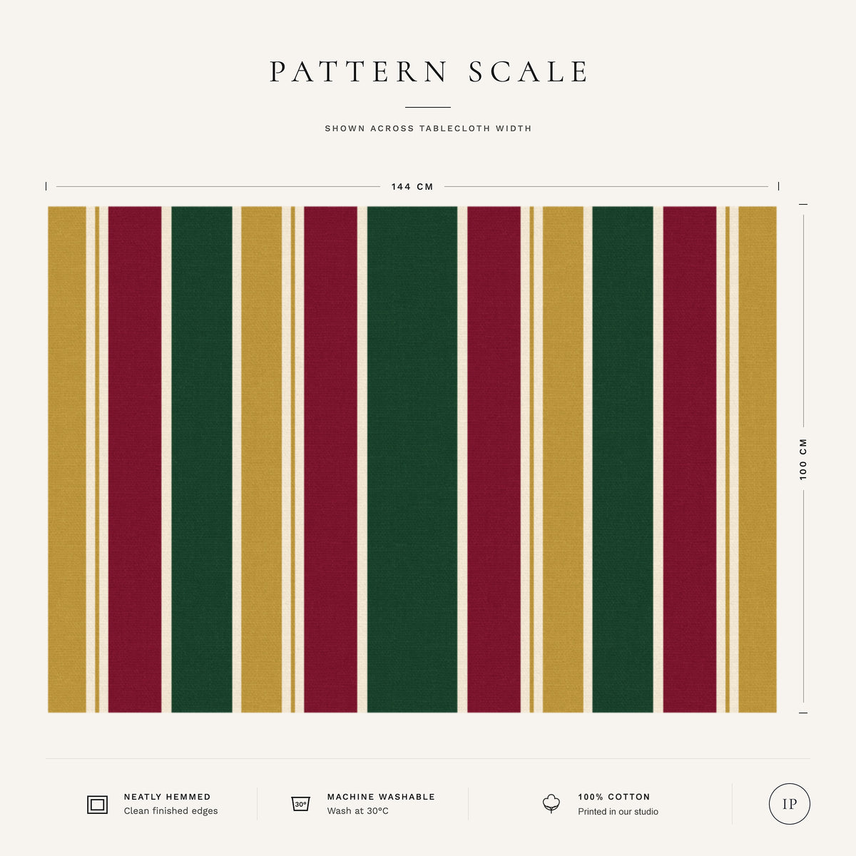 Pattern scale of the Signature Stripe tablecloth in green, burgundy and gold across its 144 cm width, with care notes