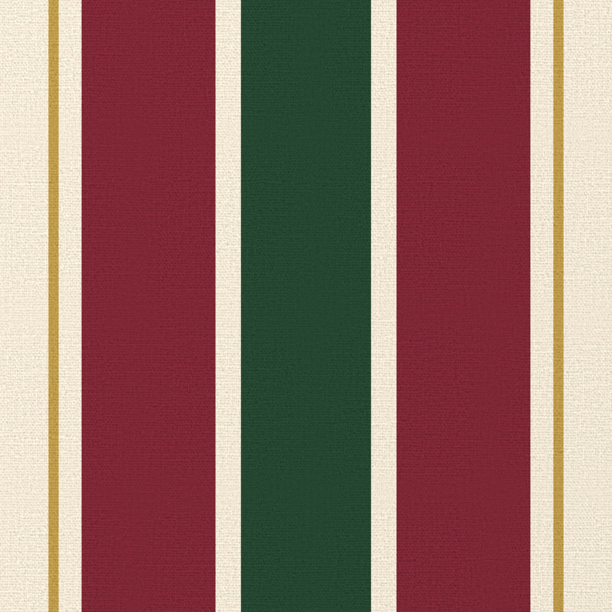 Close-up of the Signature Stripe Christmas tablecloth print in green, burgundy and gold on cotton, showing broad stripes