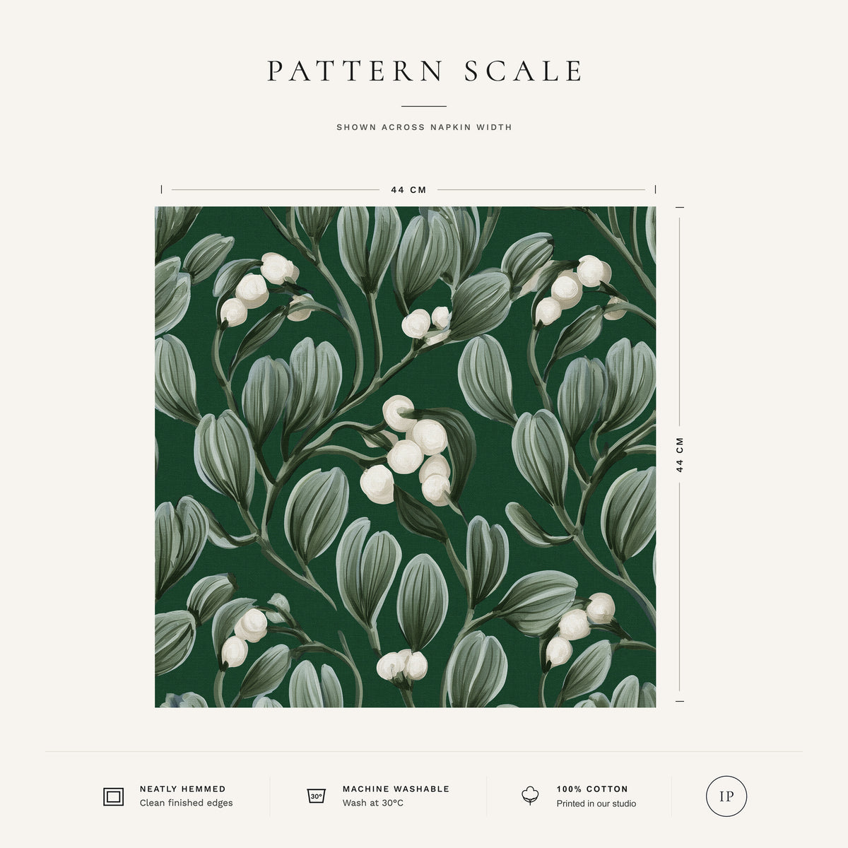 Green Mistletoe Christmas napkin pattern scale, showing the full 44 cm by 44 cm design.