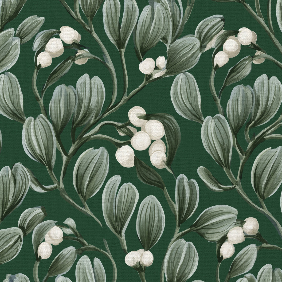 Close-up of the green Mistletoe Christmas napkin print on cotton, showing sprigs of mistletoe with white berries