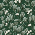 Close-up of the green Mistletoe Christmas table runner print on cotton, showing sprigs of mistletoe with white berries