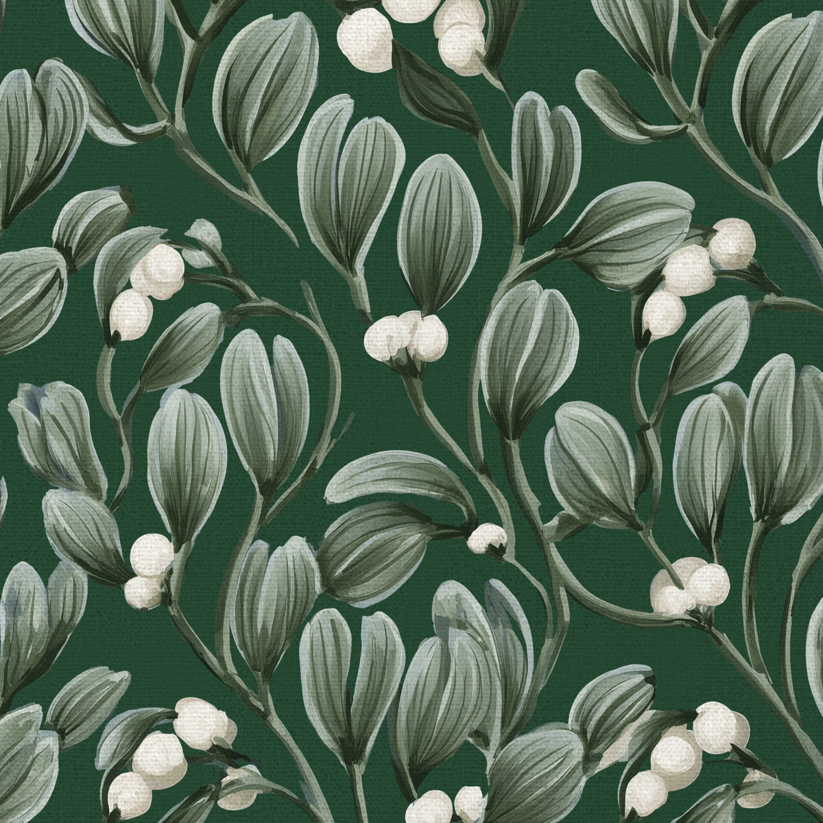 Close-up of the green Mistletoe Christmas table runner print on cotton, showing sprigs of mistletoe with white berries