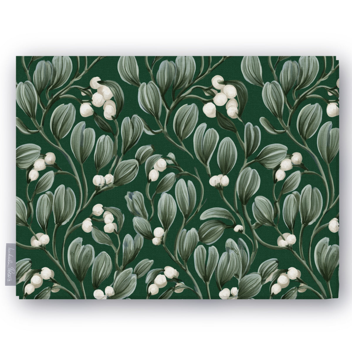 Green Mistletoe Christmas tablecloth folded on white, showing sprigs of mistletoe with white berries