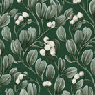 Close-up of the green Mistletoe Christmas tablecloth print on cotton, showing sprigs of mistletoe with white berries