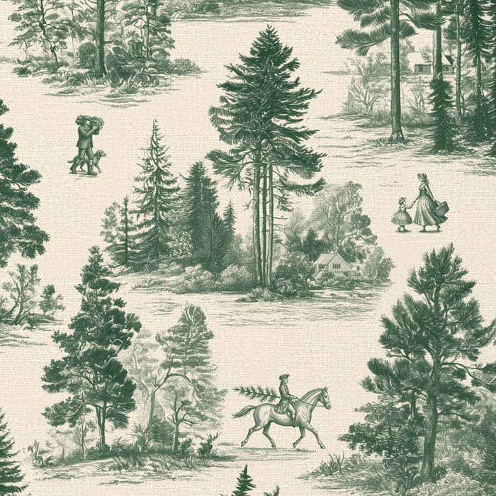 Close-up of the Fir Forest Toile Christmas napkin print in green on ivory cotton, showing fir trees and a rider