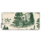 Fir Forest Toile Christmas table runner in green on ivory, folded on white, showing a rider on horseback among fir trees