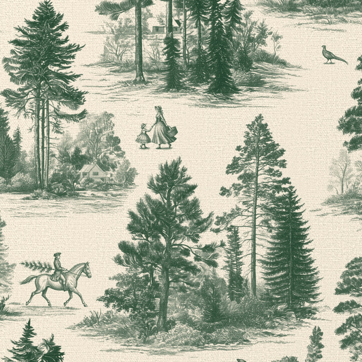 Close-up of the Fir Forest Toile Christmas table runner print in green on ivory cotton, showing fir trees and a rider
