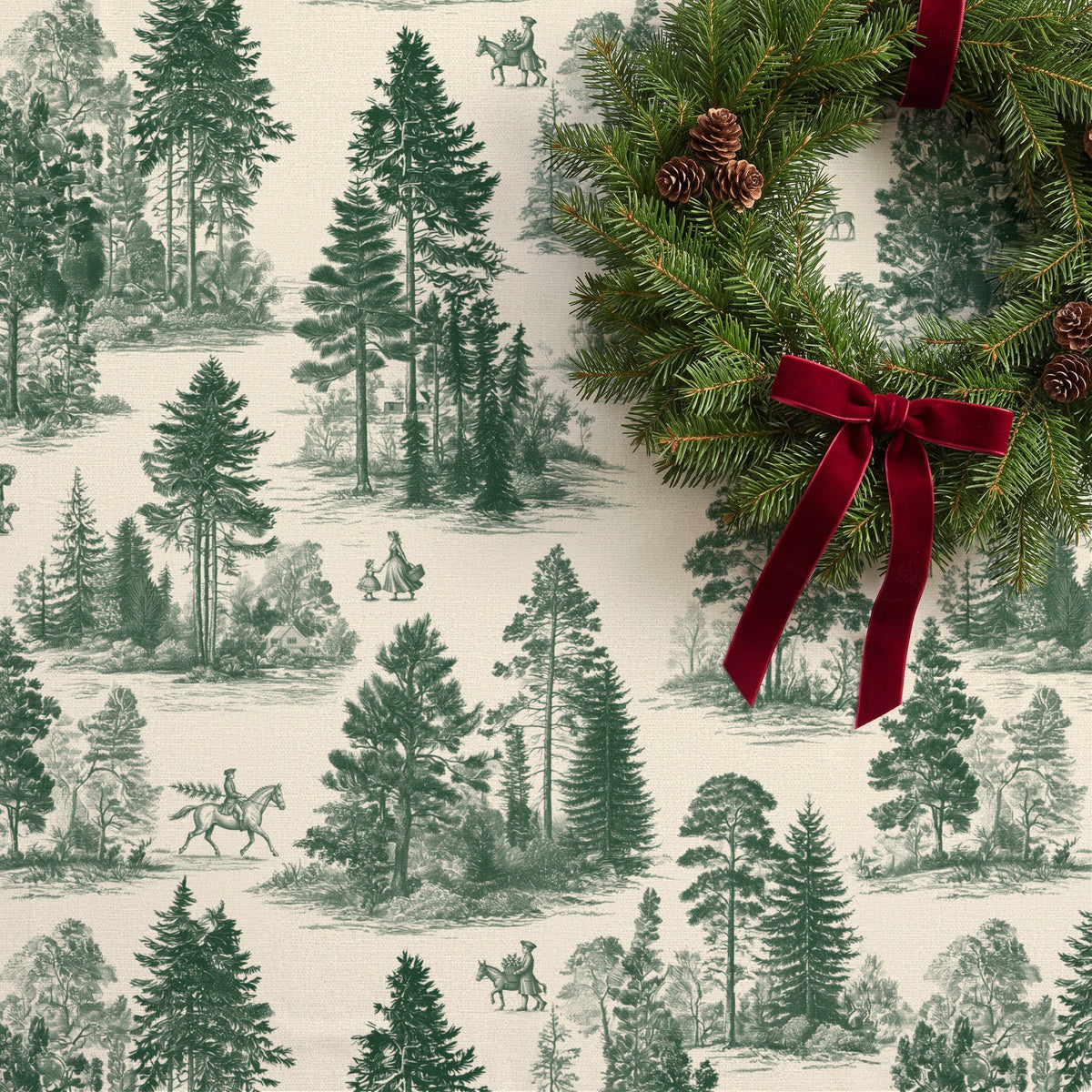 Fir Forest Toile Christmas tablecloth in green on ivory seen from above, with a finished fir wreath with small pine cones and a deep red velvet bow lying on the table