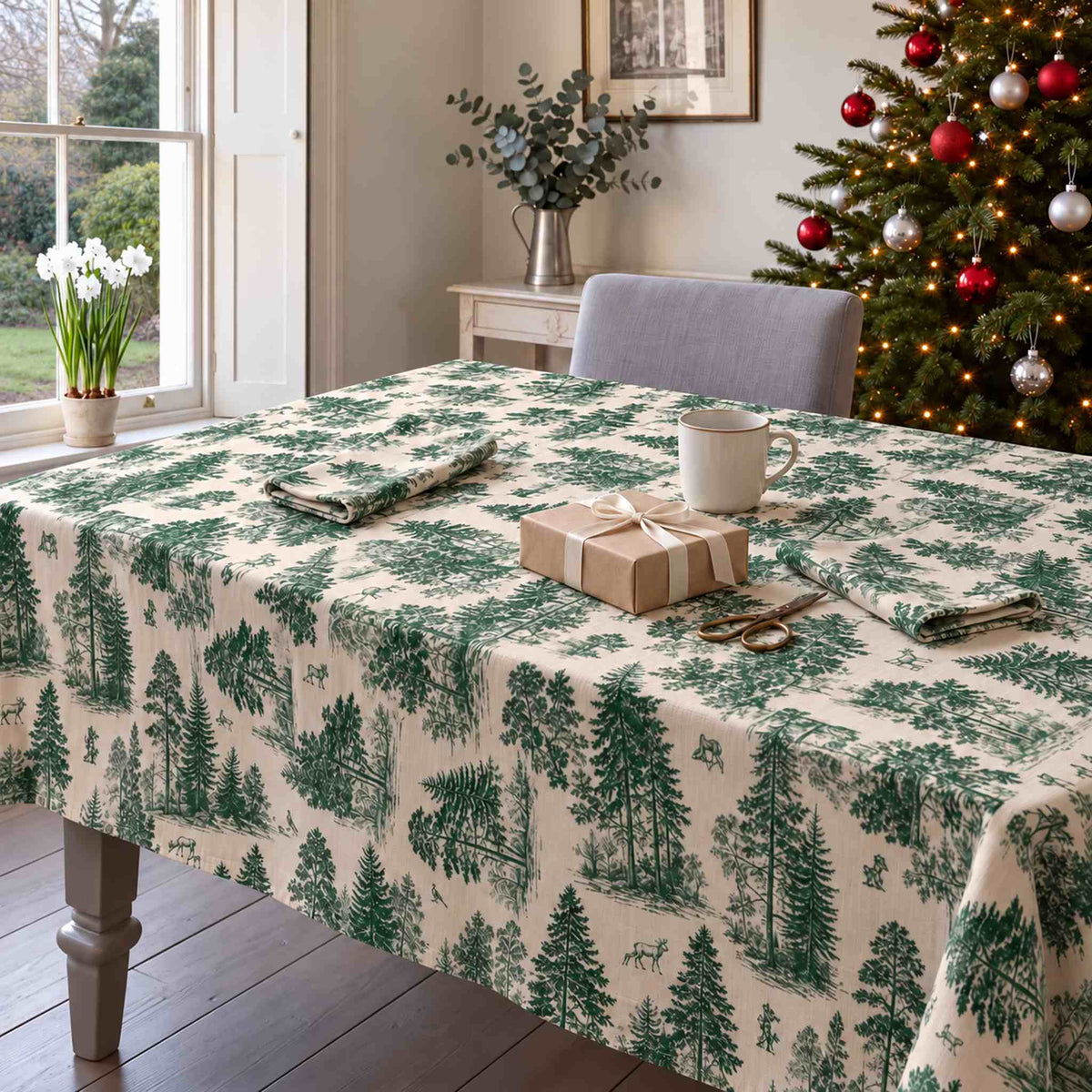 Green on ivory Fir Forest Toile Christmas tablecloth draped over a dining table with a wrapped gift, cream mug and forest napkins in a pale Georgian room.