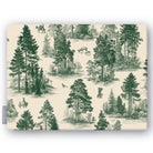 Fir Forest Toile tablecloth in green on ivory, folded on white, showing fir trees, a rider and figures in the forest