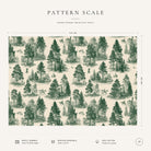 Pattern scale of the Fir Forest Toile Christmas tablecloth in green on ivory across its 144 cm width, with care notes